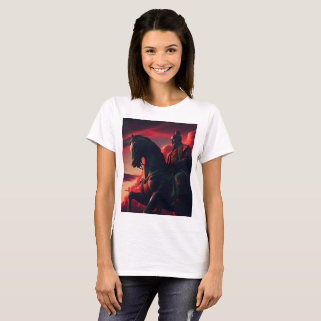 Camiseta Estátua de Hachiman com cavalo com um céu dramátic (Frente Completa)