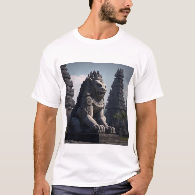 Camiseta Estátua de Leão com Templo de Prambanan em segundo (Frente)