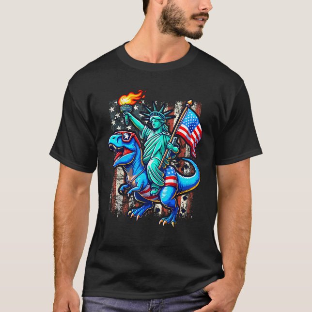 Camiseta Estátua Dino Da Liberdade 4 De Julho Americano (Frente)