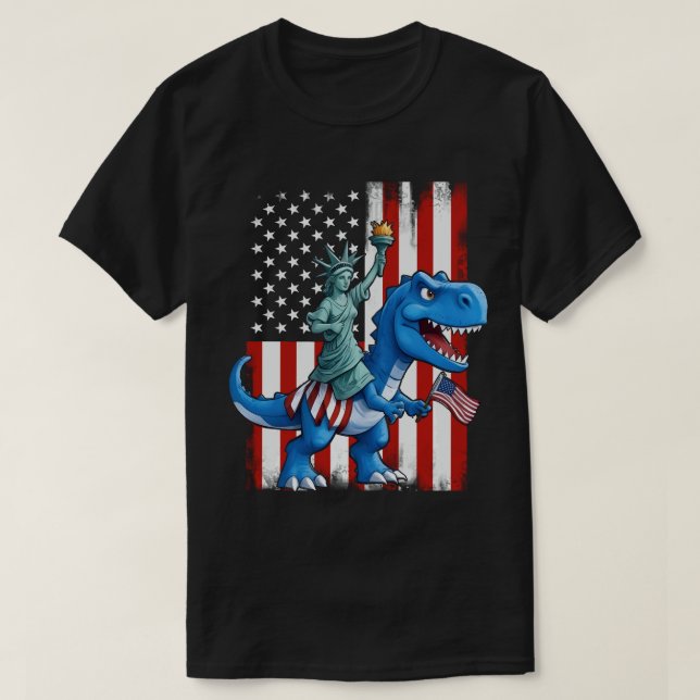 Camiseta Estátua Dinossaura Liberdade 4 De Julho Bandeira A (Frente do Design)