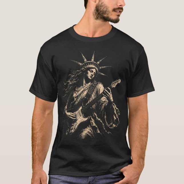 Camiseta Estátua engraçada da Liberdade tocando violão 4 de (Frente)