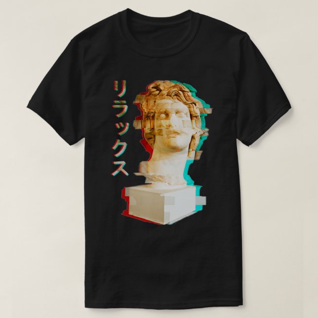 Camiseta Estátua grega Vaporwave Helios com Glitc estético (Frente do Design)