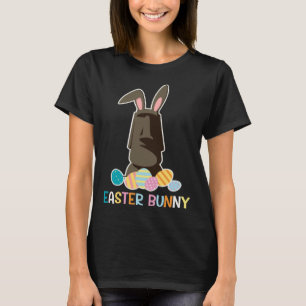 Camiseta Estátua Moai do Coelho de Páscoa Com Ovos Colorido