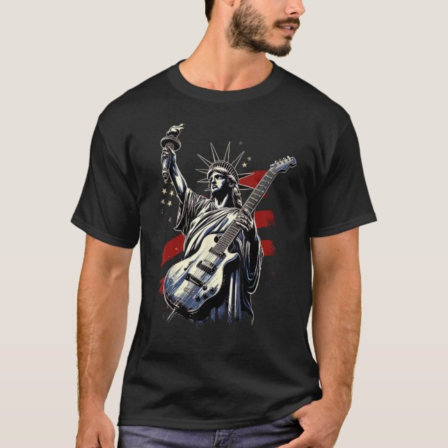 Camiseta Estátua Retrora Da Liberdade Jogando Violão Elétri (Frente)