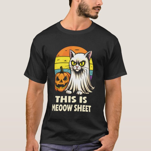Camiseta Este é Meoow Sheet Groovy Ghost Cat Halloween Mem (Frente)