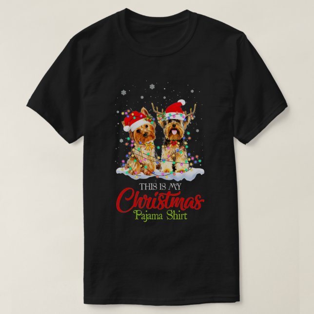 Camiseta Este É O Meu Natal Pajama Yorkie Santa Hat Ligh (Frente do Design)