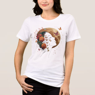 Camiseta Estética de Flor de Outono Arte Fino Lua Crescente