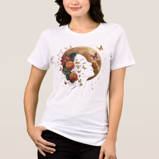 Camiseta Estética de Flor de Outono Arte Fino Lua Crescente