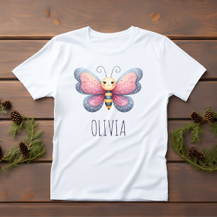 Camiseta Estética Fofo de Meninas Borboleta Rosa e Cinza