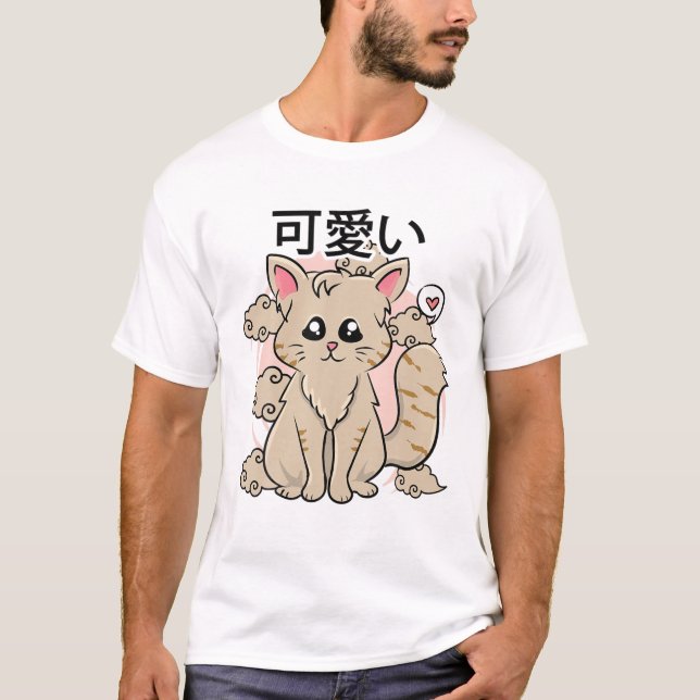 Camiseta Estética Japonesa - Gato de Animação Kawaii Cute - (Frente)