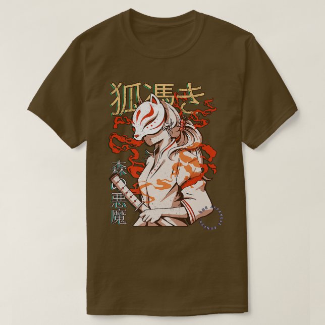 Camiseta Estética japonesa Kabuki Kitsune Mask Demon Samur (Frente do Design)