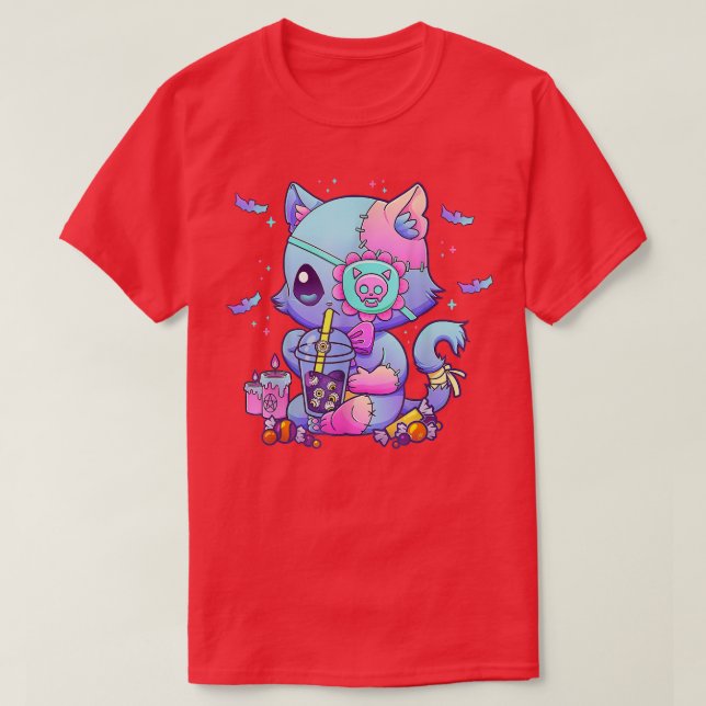 Camiseta Estética Pastel Goth Kawaii Gato Sinistro Chá Boba (Frente do Design)