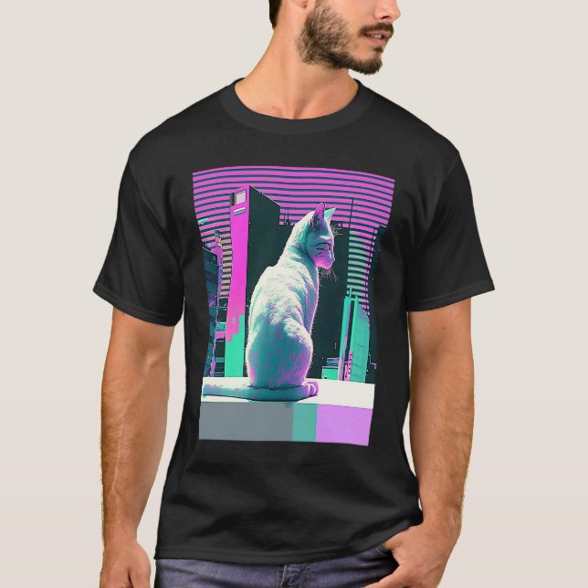 Camiseta Estética Vaperwave Gato Glitch Retrowave Synthwave (Frente)