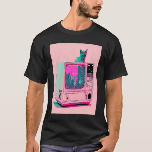 Camiseta Estética Vaperwave Gato Glitch Retrowave Synthwave