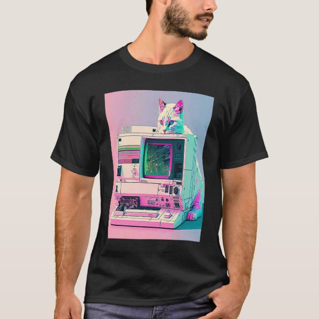 Camiseta Estética Vaperwave Gato Glitch Retrowave Synthwave (Frente)