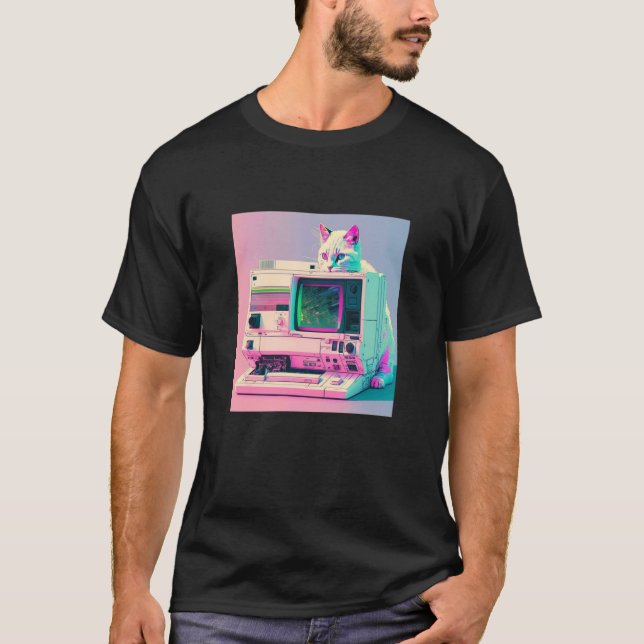 Camiseta Estética Vaperwave Gato Glitch Retrowave Synthwave (Frente)