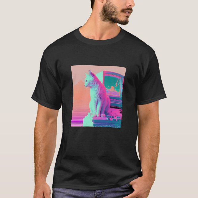 Camiseta Estética Vaperwave Gato Glitch Retrowave Synthwave (Frente)