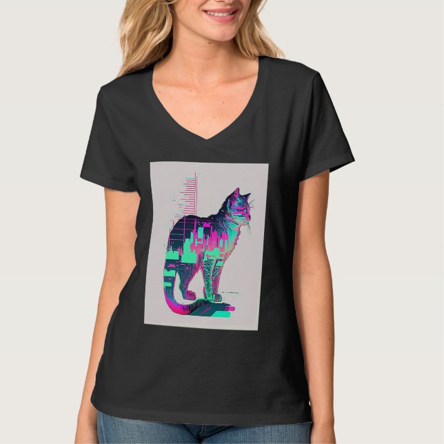 Camiseta Estética Vaperwave Gato Glitch Retrowave Synthwave (Frente)
