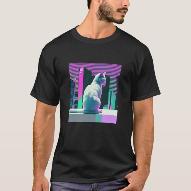 Camiseta Estética Vaperwave Gato Glitch Retrowave Synthwave (Frente)