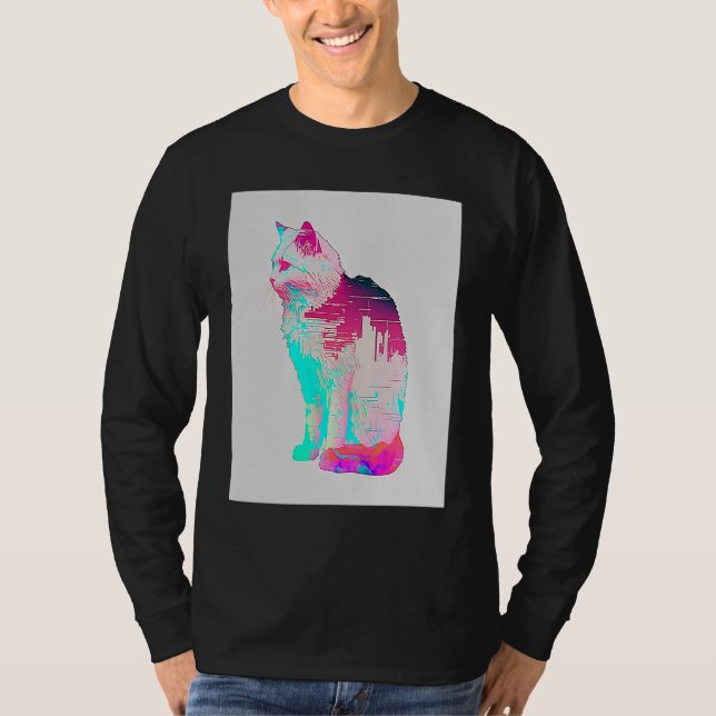 Camiseta Estética Vaperwave Gato Glitch Retrowave Synthwave (Frente)