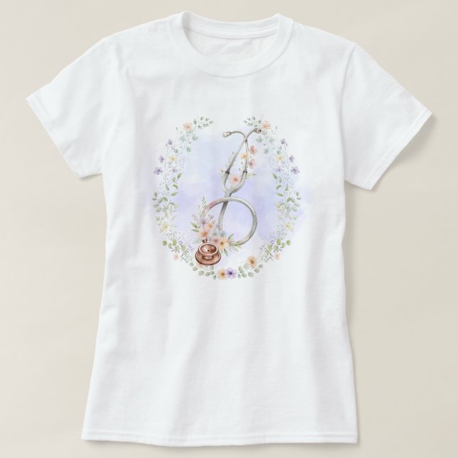 Camiseta Estetoscópio com Grinalda Floral Roxa (Frente do Design)