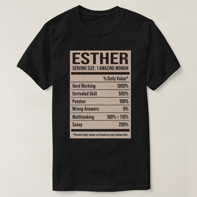 Camiseta Esther Nutrição Fatos Nome Alias Do Apelido Título (Frente do Design)