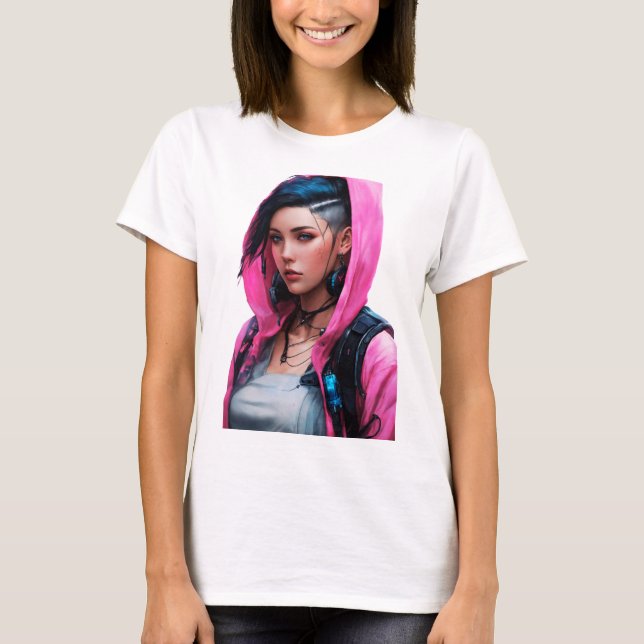 Camiseta Estilo de Animação da Mulher Cyberpunk (Frente)