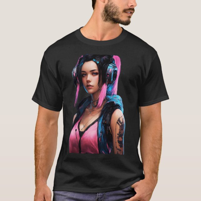 Camiseta Estilo de Animação da Mulher Cyberpunk (Frente)