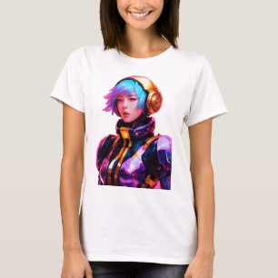 Camiseta Estilo de Animação da Mulher no Spacesuit