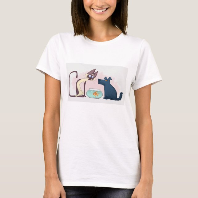 Camiseta Estilo de Animação Divertido Gato, Cão e Peixe-Sol (Frente)