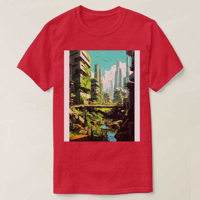 Camiseta Estilo de Arte de Cidade Antigo Aclainado (Frente do Design)