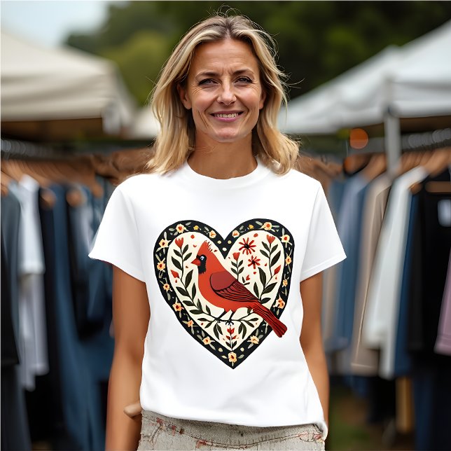 Camiseta Estilo de Arte Folha (Pássaro Vermelho) (Folk Art Red Bird (Cardinal) in  Red Heart T-Shirt| Bird Lover's )