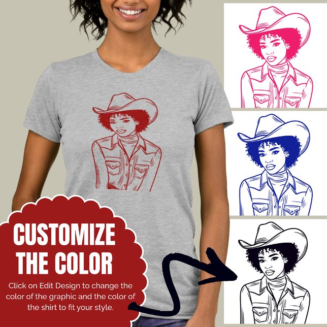 Camiseta Estilo de Desenho da Linha de Cowgirl Ocidental Pe (Custom Color Western Cowgirl Line Drawing Style T-Shirt)