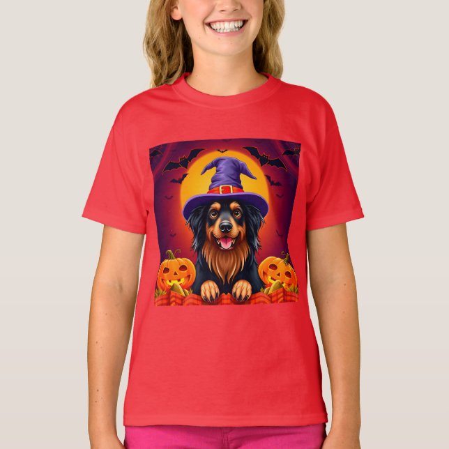 Camiseta Estilo de festa de abóbora de cachorro de Hallowee (Frente)