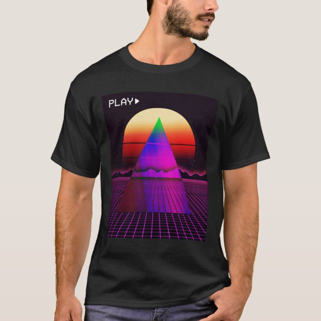 Camiseta Estilo de grade estética Synthwave Outrun pôr do s (Frente)