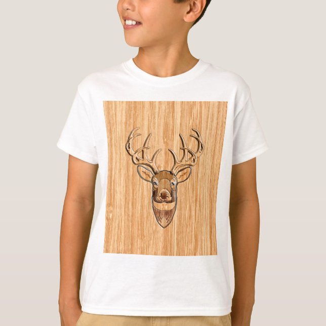 Camiseta Estilo de Grãos de Madeira da Cabeça de Buck Deer (Frente)