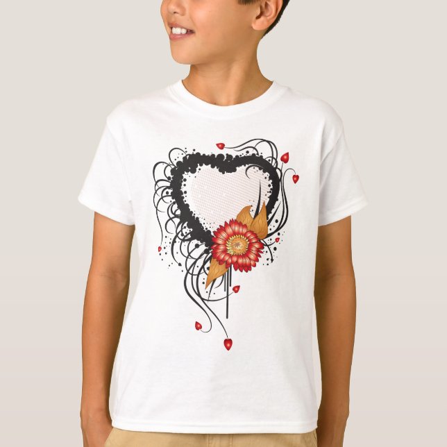 Camiseta Estilo de Grunge Preto Coração e Flor (Frente)