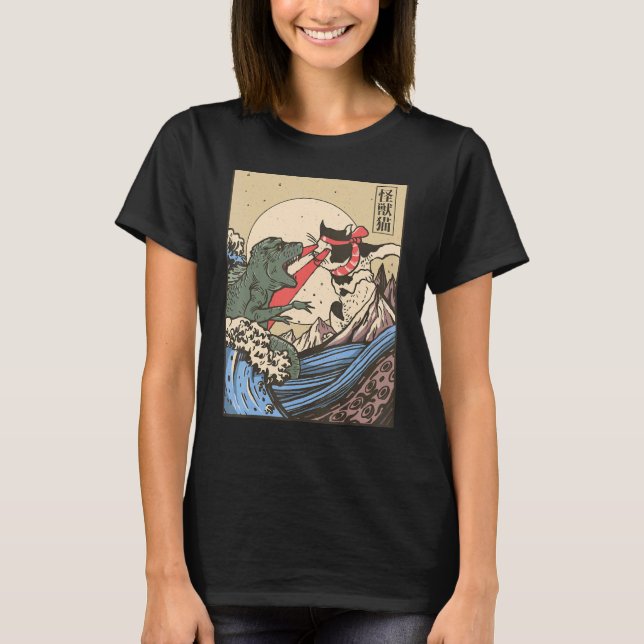 Camiseta Estilo de luta japonês Kaiju Gato vs Monstro de  (Frente)