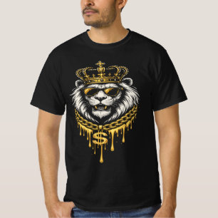 Camiseta Estilo de Rua Leão Feroz com Coroa e Corrente