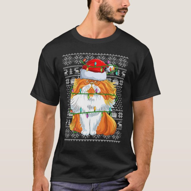 Camiseta Estilo de Sweater Feio Luzes Xmas Papais noeis Gat (Frente)