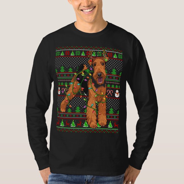 Camiseta Estilo de Sweater Feio Xmas Funny Airedale Terrier (Frente)