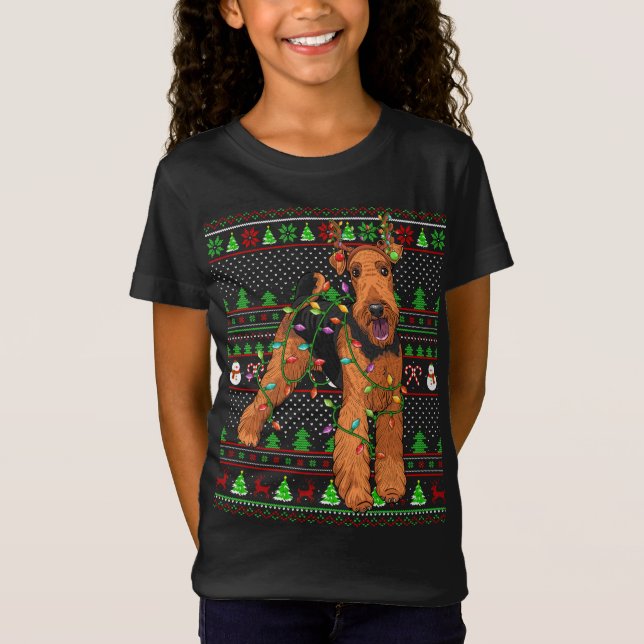 Camiseta Estilo de Sweater Feio Xmas Funny Airedale Terrier (Frente)
