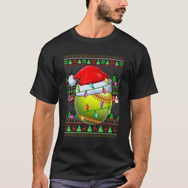 Camiseta Estilo de Sweater Feio Xmas Iluminando Softball Ch (Frente)