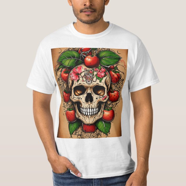 Camiseta Estilo de Tatuagem Maçã Vermelha Apertada à Mão –  (Frente)