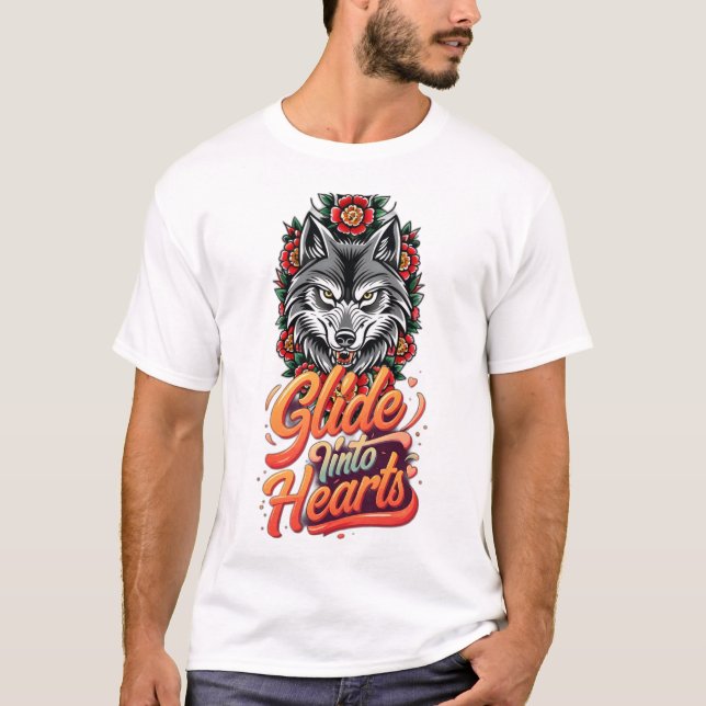 Camiseta Estilo de Tatuagem Tradicional da Cabeça de Lobo F (Frente)