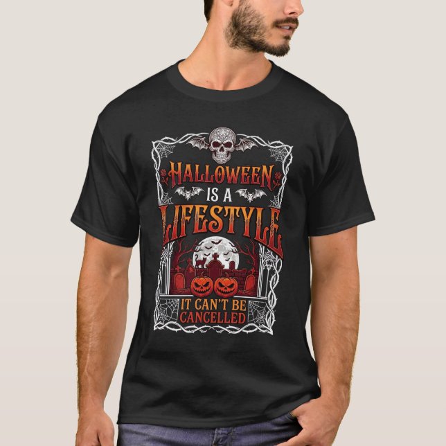 Camiseta Estilo de Vida de Halloween Morcego Crânio Cemitér (Frente)