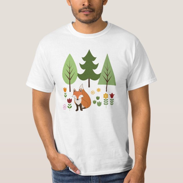 Camiseta Estilo escandinavo Fox Flowers Trees Ilustração (Frente)