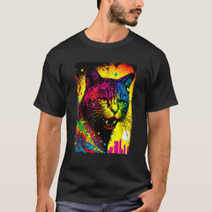 Camiseta Estilo Gráfico de Pintura Colorida do Gato 80s