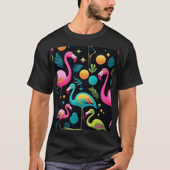 Camiseta Estilo Groovy Abstrato Flamingos 1970 (Frente)