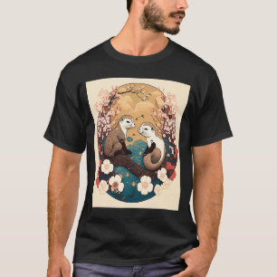 Camiseta Estilo Japonês Bonito Otter Yin Yang Otter Cherry